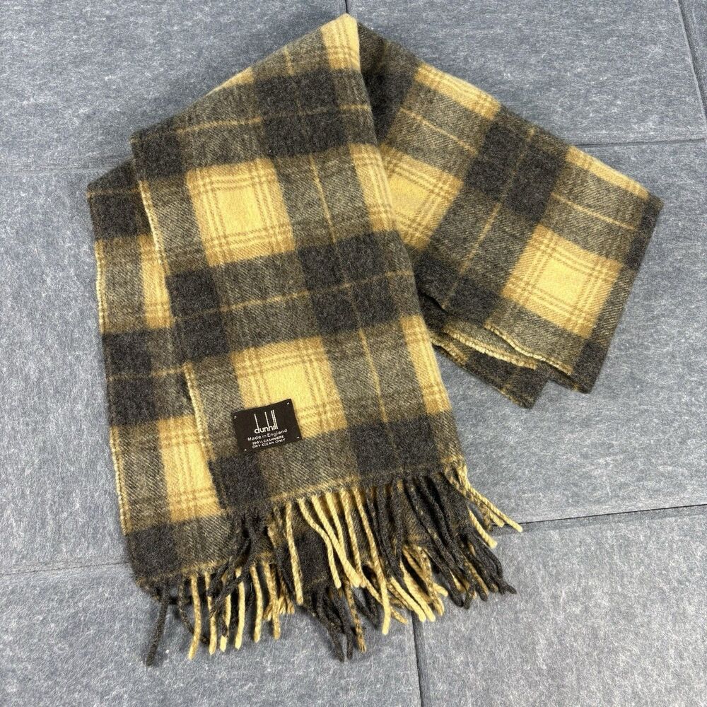 Vintage Dunhill Cashmere Plaid Scarf Yellow Gray Check Fringe England 54" x 15"